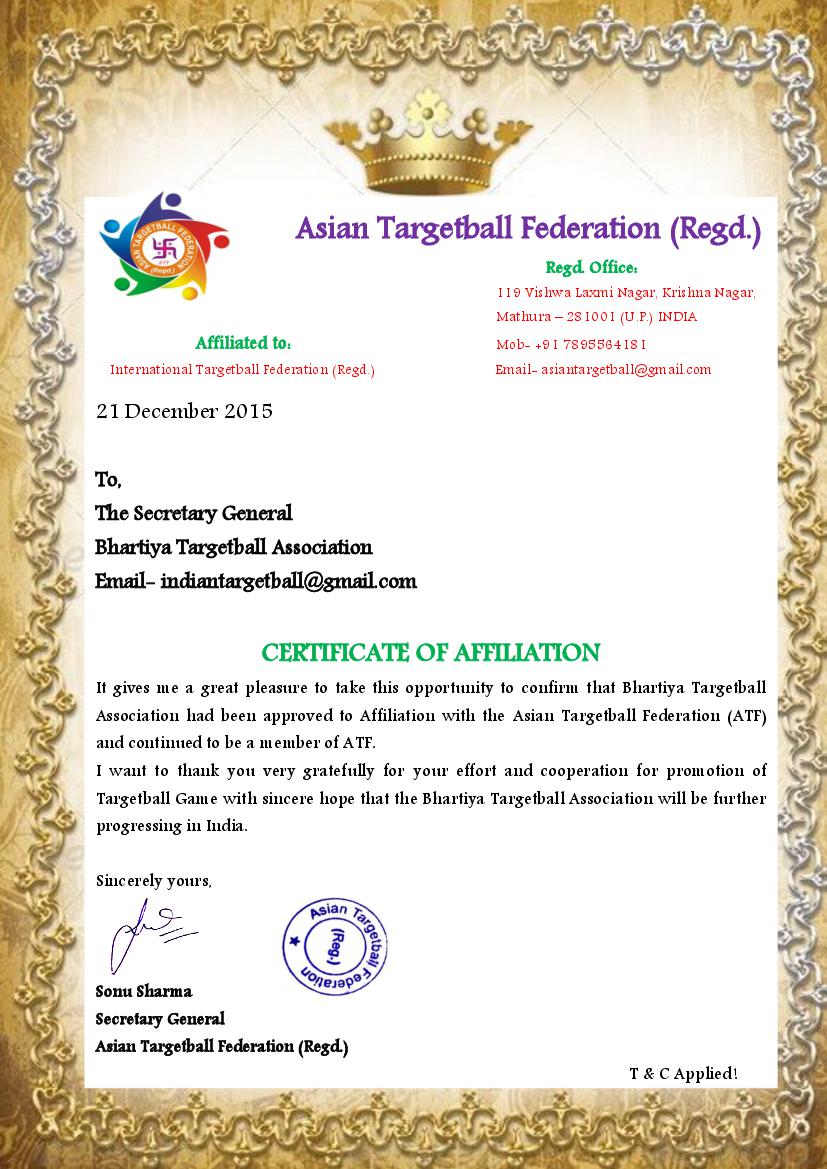 Asian Targetball Federation Affiliation Letter